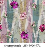 Digital textile all-over pattern design multi colour flower green leaves multi background
