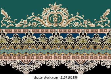 Digital textile baroque and floral border and Mughal art Seamless pattern with paisley ornament, repeat floral texture, vintage background hand drawing baroque. fabric printing.
