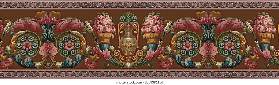 Digital Textile Design Floral Border Motif With Geometric, Seamless And Ethnic Decoration