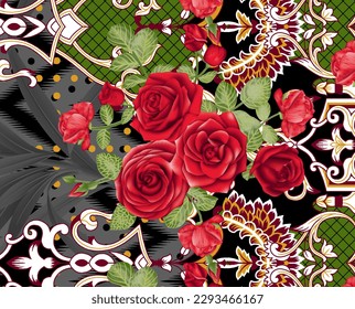 Digital textile design and hand draw beautiful abstract geometric floral seamless patterns different shapes and ornaments.