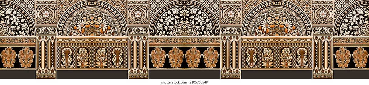 Digital textile design motif with geometrical border seamless and ethnic style decoration for textile print

