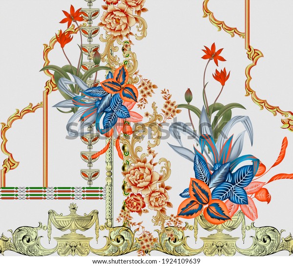 Digital Textile Design Motif gold Ornaments with colorful baroque and geometrical and ornaments border with botanical flower bunches
