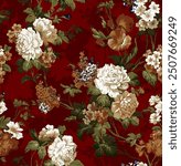 Digital textile design Mughal art pattern with botanical dark flower grey leaves red ground multi flower
