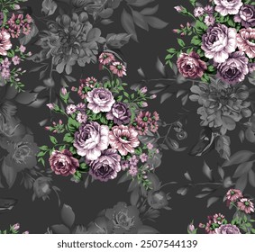 Digital textile design Mughal art pattern with botanical dark flower grey leaves black ground
 - Powered by Shutterstock