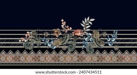Digital textile elements design elegant  style cross stich motifs combination design front and geometrical brooder with floral pattern for digital