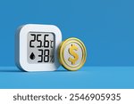 Digital thermometer displaying temperature and humidity with a dollar coin, representing the increasing cost of climate control and heating problems in homes and businesses. 3D render