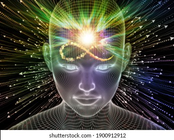 Digital Thoughts. Lucid Mind Series. Backdrop Of 3D Rendering Of Glowing Wire Mesh Human Face For Use In Projects On Artificial Intelligence, Human Consciousness And Spiritual AI