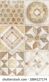 Digital tiles design.  3D render Colorful ceramic wall tiles decoration. Abstract damask patchwork pattern with geometric and floral ornaments, Vintage tiles intricate details 