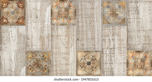 Digital tiles design.  3D rendering Colorful ceramic wall and floor tiles decoration. Abstract damask patchwork pattern with geometric and floral ornaments, Vintage tiles digital design 