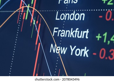 Digital Trading Screen With Candlestick Chart Of An Falling Stock Index, Currency Or Share. Cities With Popular Exchanges On The Right Side Of The. Stocks, Forex And Commodity Concept. 3D Illustration