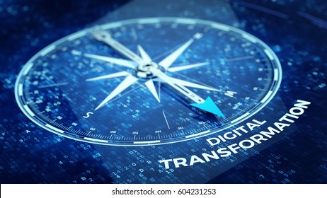 Digital Transformation concept - Compass needle pointing Digital Transformation word. 3d rendering
