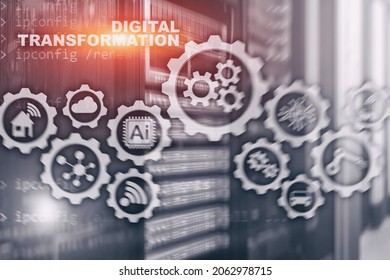 Digital Transformation Concept of digitalization of technology business processes. Datacenter background.