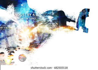 Digital transformation of internet of things (iot) technology disruption in world industrial to industry 4.0 concept. Graphic of Automated robot machine graphic , gears connect.