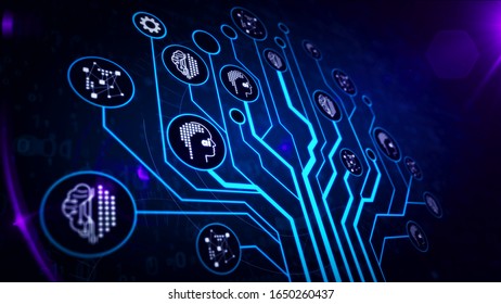 Digital tree with artificial intelligence, neural network computer, cybernetic brain, deep machine learning symbols 3d rendering abstract concept illustration. Cyber icons futuristic background.