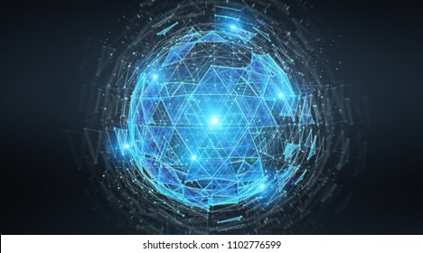 Digital Triangle Exploding Sphere Hologram On Blue Grey Background 3D Rendering