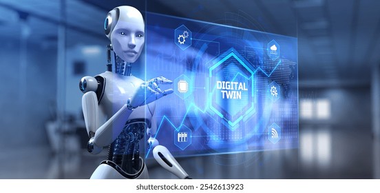 Digital Twin Creating Virtual Representations Illustrated with a Robot Pressing a Button on a Virtual Screen. 3D render.