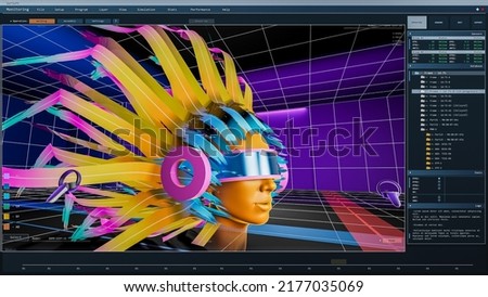 Digital User Interface of a Virtual Reality Design Software for Creating Art Installations. Interactive Simulator VR App Expressive Animation, Building Metaverse. 3D illustration
