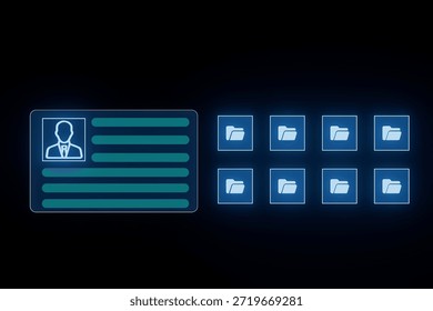 A digital user profile appears next to several file folders on a dark background. The profile shows details in lines while the folders represent organized documents for easy access and management.
