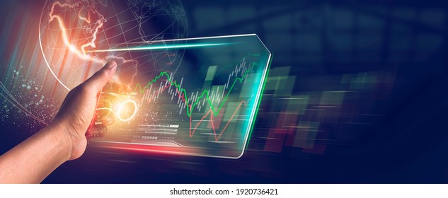 Digital of Virtual Online a Global structure stocks networking on Businessman holding virtual screen in dark background. Technology concepts - Elements of this Image Furnished by NASA.