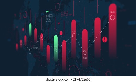 Digital visualization graph of financial market analytics on the background of the world map, report from business analysis, the fall and the crisis of the global economy, screen in perspective