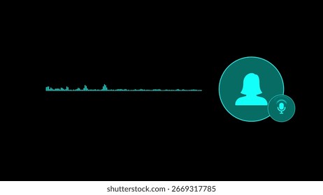 A digital voice message interface on a black background with teal accents, showing a sound wave, a female user silhouette, and a microphone icon.