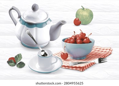 Digital wall tile with a classic tea time theme design in soft white and teal tones. Features an elegant ceramic teapot with teal and gray details, a matching teacup with saucer and spoon, and a light blue bowl filled with fresh red cherries placed on a red and white checkered napkin. A green apple, cherry, and strawberry with leaves add a fresh fruit touch. All elements are arranged on a clean white wooden plank background that gives a bright and cozy feel. The pastel shades and vintage crockery style create a charming, homely, and inviting look. High resolution digital print for ceramic and vitrified wall tiles. Perfect for kitchen walls, dining area, cafe, tea lounge, bakery, and hotel interiors. Ideal for English tea, vintage, and fruit theme decor. Adds a sweet, cheerful, and relaxing vibe to the space.