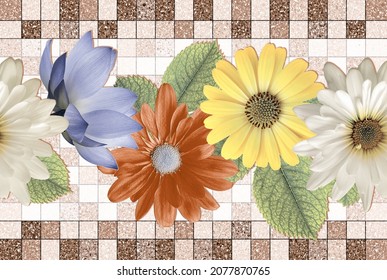 Digital Wall Tile Decor For Home, Ceramic Tile Design, Seamless Colourful Patchwork In Indian Style, Wallpaper, Linoleum, Textile, Web Page Background - 3D Illustration