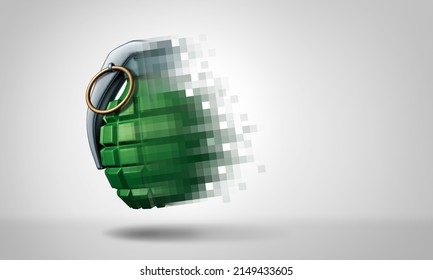 Digital War Symbol And Military Technology Warfare As A Grenade Explosive Device That Is Pixelated As A 3D Illustration.