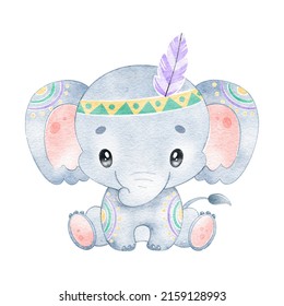 Digital Watercolor. Digitally Drawn Illustration Of A Cute Cartoon Boho Elephant. Boho Animals.