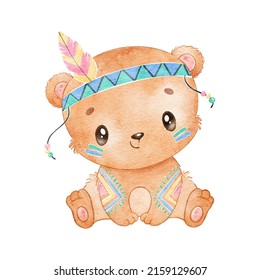 Digital Watercolor. Digitally Drawn Illustration Of A Cute Cartoon Boho Bear. Boho Animals.