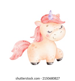 Digital Watercolor. Illustration Of A Cute Cartoon Unicorn. Cute Animals.