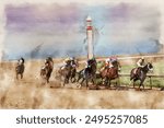 Digital watercolor illustration of Kentucky racehorses going around a turn at Churchill Downs