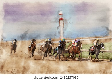 Digital watercolor illustration of Kentucky racehorses going around a turn at Churchill Downs - Powered by Shutterstock