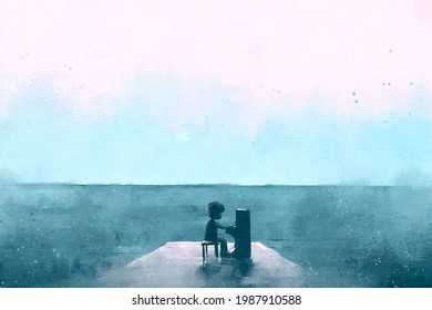 digital watercolor illustration painting of boy playing piano on a wooden jetty at sea beach.
