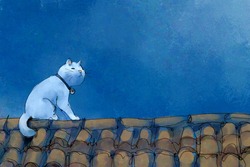 Digital Watercolor Illustration Painting Set Of Cat On Roof.