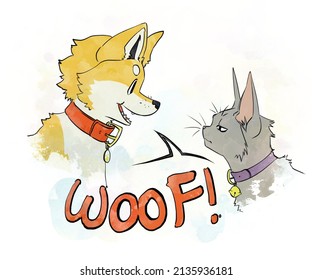 Digital Watercolor Illustration Of A Pet Dog Barking At An Unamused Cat.