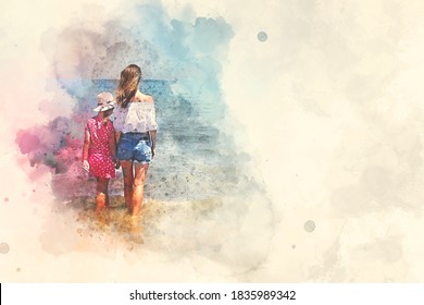 Digital watercolor image. Back rear view mother and little daughter holding hands standing in sea water looking into horizon, copy space for text. Family travel and summer vacation concept	