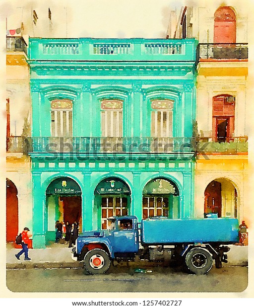 Digital watercolor of old blue\
water tank truck in front of neoclassical building in Havana in\
Cuba