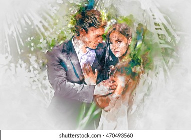 Digital Watercolor Painting Of A Beautiful Couple In Love 