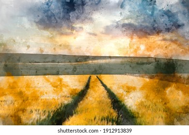 Digital watercolor painting of Beautiful late Summer afternoon light over rolling hills in English countryside landscape with vibrant warm light
