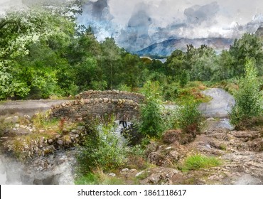 Digital watercolor painting of Beautiful long exposure landscape image of Ashness Bridge in English Lake District during late Summer afternoon with moody weather