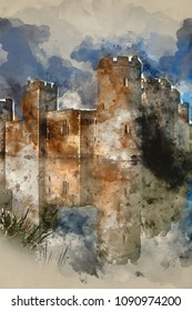 Digital Watercolor Painting Of Beautiful Medieval Castle And Moat At Sunrise With Mist Over Moat And Sunlight Behind Castle