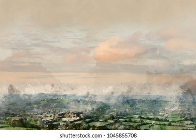 Digital watercolor painting of Beautiful sunrise landscape over Somerset Levels in English countryside