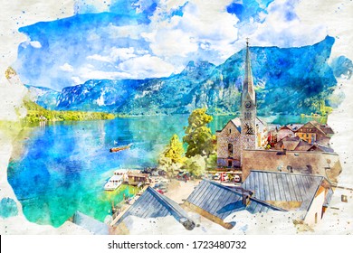 digital watercolor painting of beautiful view point of Hallstatt.