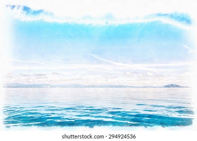 Eine digitale Aquarellmalerei des blauen Horizonts direkt vor der Küste Thailands.