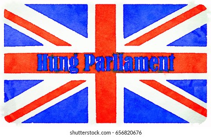 Digital Watercolor Painting Of A British Flag With Hung Parliament Written On It.