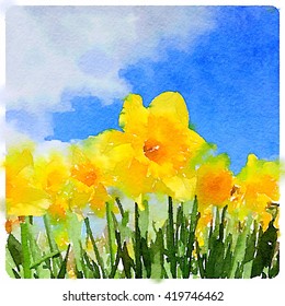 A digital watercolor painting of daffodils on a sunny day.