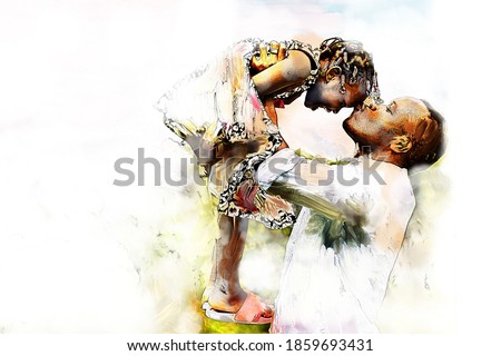 Digital watercolor painting and drawing of Happy african american Father and Daughter child girl play throws airplane enjoying active with outside house background.
