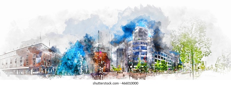 Digital Watercolor Painting Of A Eindhoven City Center. Netherlands. Western Europe

