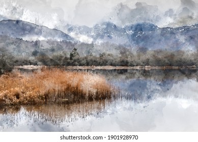 Digital watercolor painting of Epic dramatic landscape image looking across River Brathay in Lake District towards Langdale Piks mountain range on mistry Winter morning